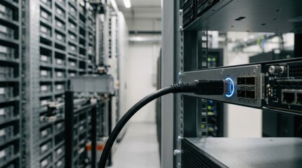Fototapeta premium Network cable connected to server rack in modern data center