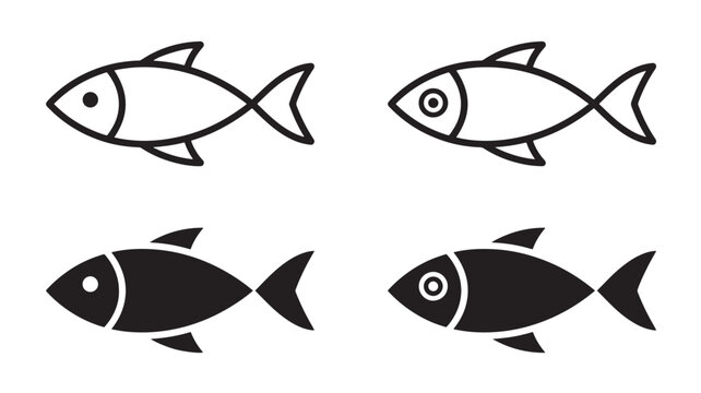 Fish Logo Icon Set with Simple Outline and Filled Versions, Crossing Symbol Design for Branding and Labels