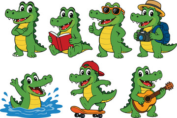 Fototapeta premium Cute Green Crocodile Cartoon Character Mascot Vector Set Posing Reading Book Traveling Swimming Skateboarding and Playing Guitar