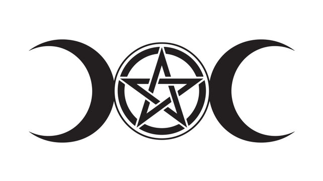 Pentagram Emblem with Moon Crescents and Circular Badge Design in Black and White for Occult Concept Branding
