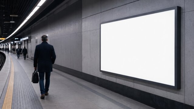 Businessman walking past a huge blank horizontal billboard on a modern subway platform, realistic advertising mockup for transit marketing, branding campaign and poster design presentation