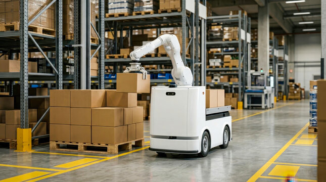Autonomous robotic arm vehicle picking up a cardboard box in a warehouse