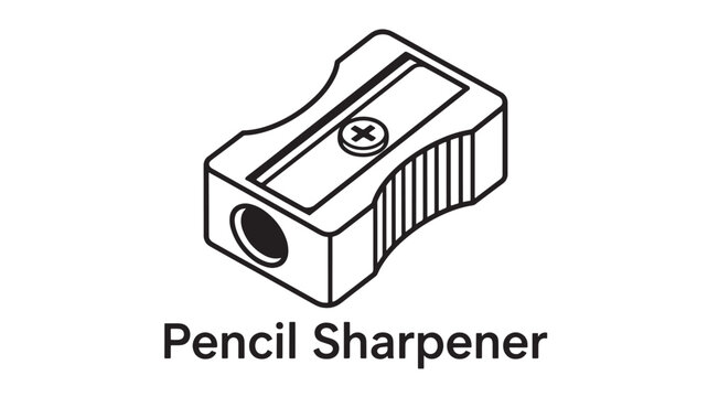 Pencil Sharpener Icon with Simple Line Art Design, Front Label Detail and Blade Opening, Isolated on White Background