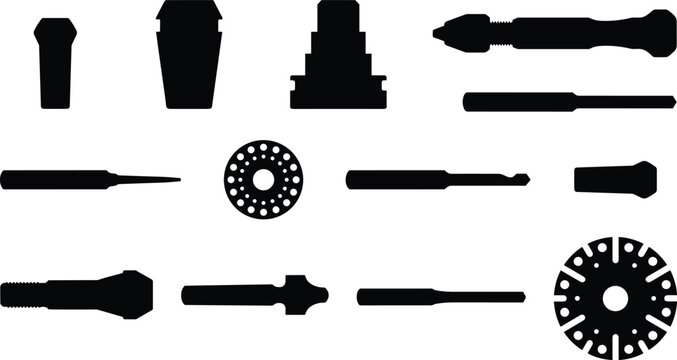 Industrial CNC milling machine rotary cutting router bits and metalworking tools icons set with black silhouettes isolated
