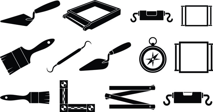 Professional history archaeology excavation site fieldwork research hand tools icons set with black silhouettes isolated on white
