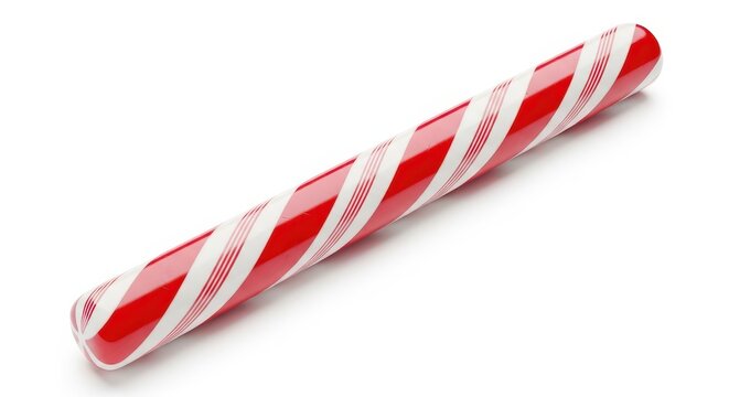 A vibrant red and white striped peppermint-flavored candy cane rests on a crisp white background, ready for seasonal celebration and sweet snacking, stick, candycane, pattern