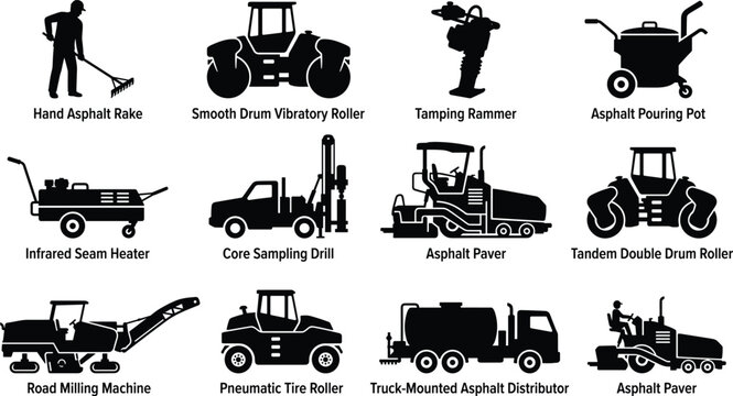 Road construction asphalt paving and highway maintenance heavy machinery vehicles icons set with black silhouettes isolated