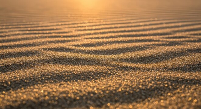 Close up texture of fine, dry sand glowing under the strong, hot light of the late summer august sun, arid, glowing, summer