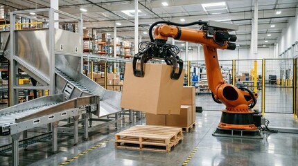 Fototapeta premium Industrial robotic arm lifting a cardboard box in a warehouse