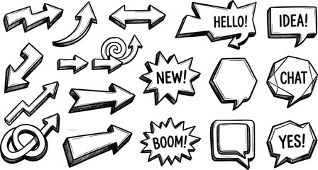 Hand drawn comic speech bubble and arrow set featuring sketch text labels hello idea chat boom new yes © Afroja