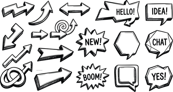 Hand drawn comic speech bubble and arrow set featuring sketch text labels hello idea chat boom new yes