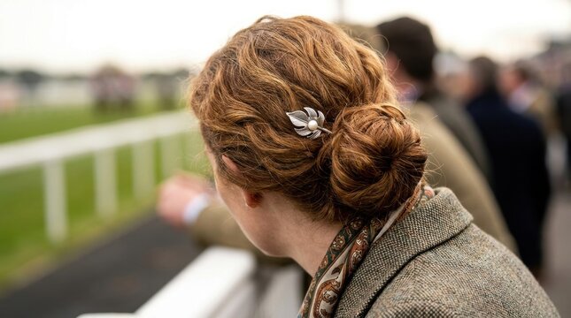 Close-up of the back of a woman's elegant chignon hairstyle with a silver leaf pin at a horse race in front of green track.