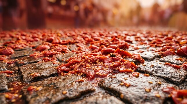 Spicy Beef Jerky Fiesta: Close-up shot of delicious, spicy beef jerky covered in chili and herbs, ideal for food blogs or culinary promotions.