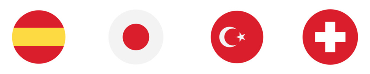 Obraz premium Set of Four Round National Flag Icons – Spain, Japan, Turkey and Switzerland, Isolated on Transparent Background