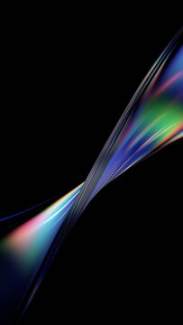 Abstract iridescent glass curved shapes on a black background, vertical 3d render