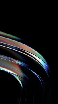 Abstract minimalist glass shape on a black background with color refraction effect, vertical 3d render