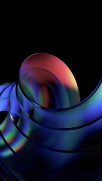 Abstract iridescent glass curved shapes on a black background, vertical 3d render