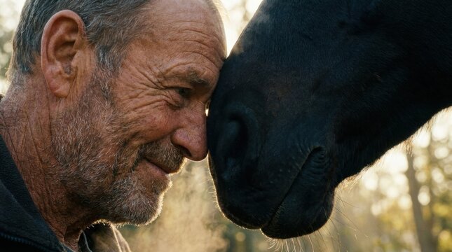 Intimate close-up portrait of an older stable master touching foreheads with a black horse, both eyes closed in a moment of trust.