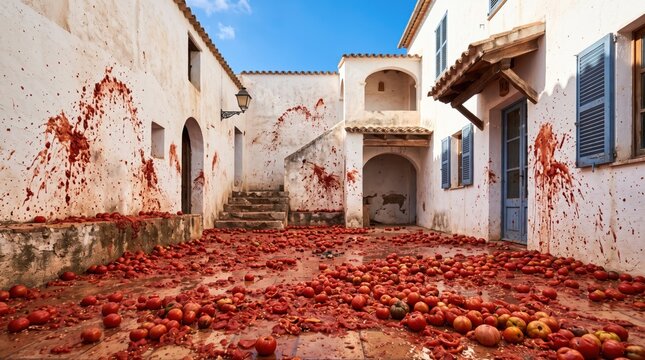 Messy Celebration Scene: An outdoor courtyard is littered with a mass of tomatoes, splattered across white walls and a staircase, suggesting a lively and chaotic festival event.