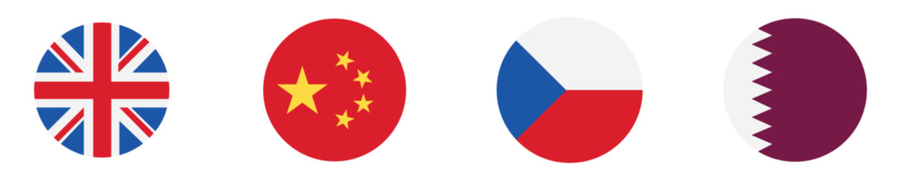 Set of round national flags of united kingdom, china, czech republic and qatar isolated on transparent background