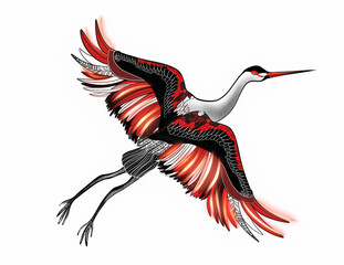 Obraz premium Flying Japanese crane bird illustration with elegant red and black feathers