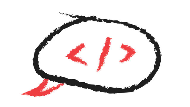 Hand drawn doodle black rough sketch chat bubble with red code symbol