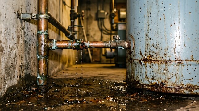 Leaking water heater in basement with copper pipes, rusty old boiler tank flooding floor, plumbing emergency and home maintenance concept