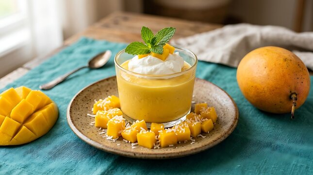 Mango mousse dessert with whipped cream and mint, tropical fruit pudding in glass, yellow mango smoothie bowl on rustic wooden table