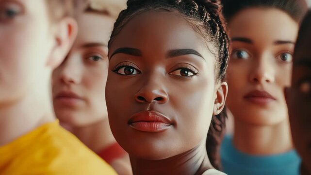 A young African American woman with a contemplative look on her face. She is surrounded by other people, suggesting she's in a public setting.