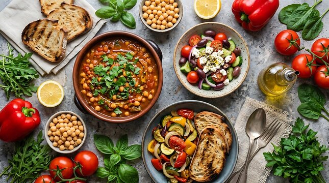 Mediterranean diet food flat lay, healthy vegan meal with chickpea stew and greek salad, rustic vegetarian dinner table with fresh vegetables