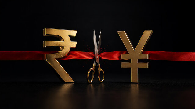 Indian rupee symbol attached with red ribbon and cutting it