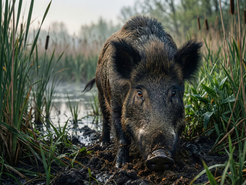 Sanglier sauvage dans un mar&eacute;cage verdoyant &agrave; l'aff&ucirc;t dans les roseaux