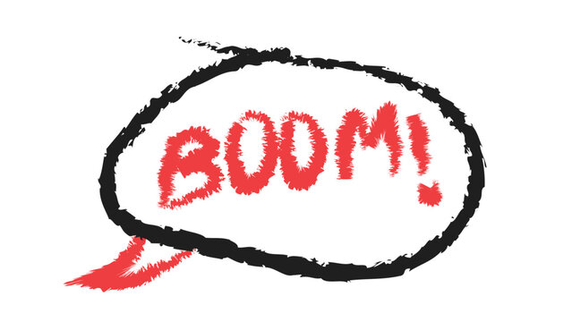 Hand drawn doodle black rough sketch chat bubble with red boom exclamation text