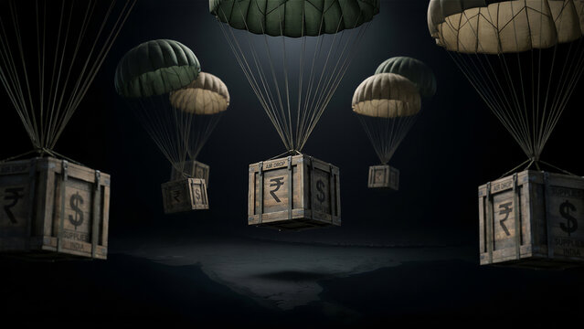 Humarian aid dropping from the parachute and Dollar and rupee symbol placed on the boxes