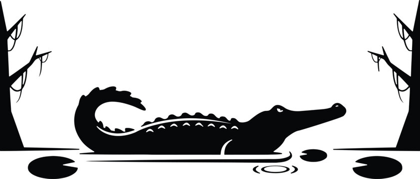 Silhouette of a crocodile in a serene swampy environment for wildlife illustration or educational purposes