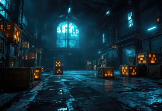 Dark warehouse, lit by glowing boxes