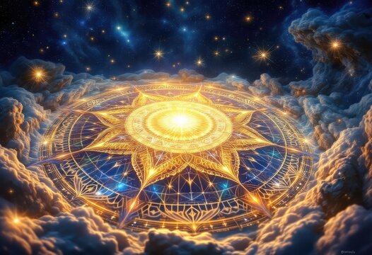 Golden celestial mandala, encircled by clouds, glowing with starlight