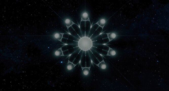 Glowing, symmetrical design against a starry backdrop