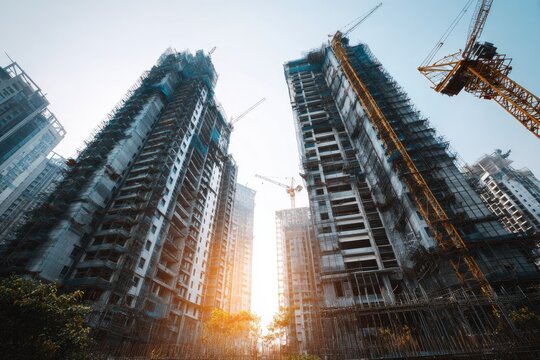 Low-angle view of multiple high-rise buildings under construction, surrounded by scaffolding and cranes. Sunlight streams through