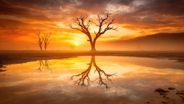 Sunrise reflects on tranquil water, barren trees