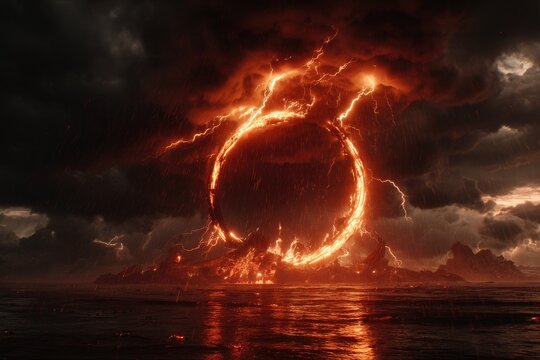 Fiery ring portal through stormy sky