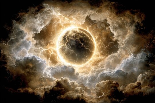 Fiery orb in stormy celestial clouds
