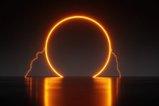 Fiery, glowing circle portal on dark reflective surface