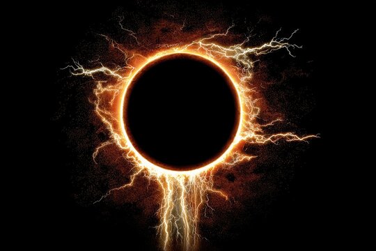 Dark circle framed by fiery, electric energy