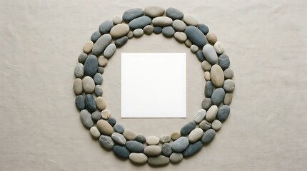 Obraz na płótnie Canvas Top view of a square frame made of smooth sea stones on a light beige textured background with copy space in the center