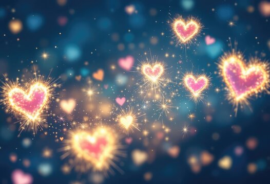 Sparkling heart-shaped fireworks against a blurred background of colorful bokeh
