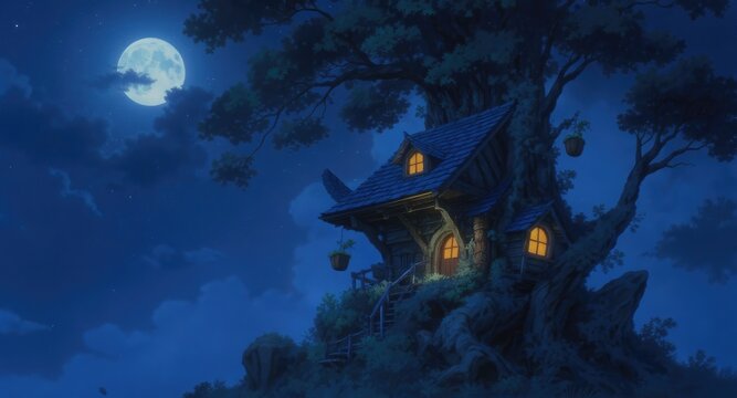 Nighttime treehouse under a full moon