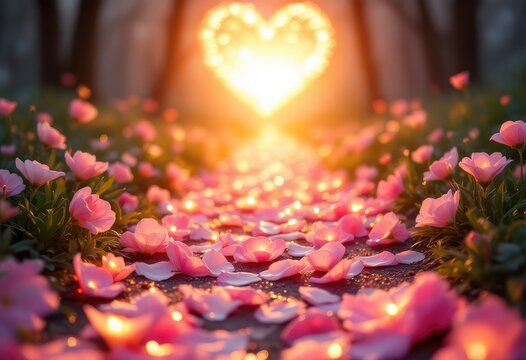 Heart-shaped light over a path of pink petals
