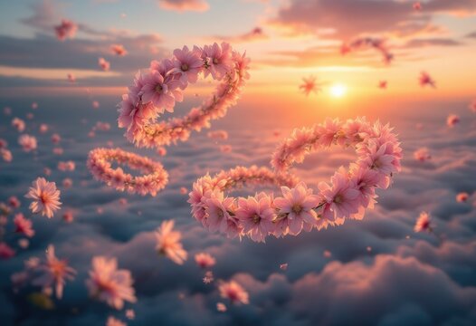 Delicate flower crowns float amidst clouds at sunset