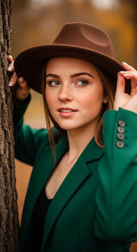 A young woman with freckles wearing a brown hat and green jacket poses outdoors by a tree, symbolizing autumnal style and natural beauty